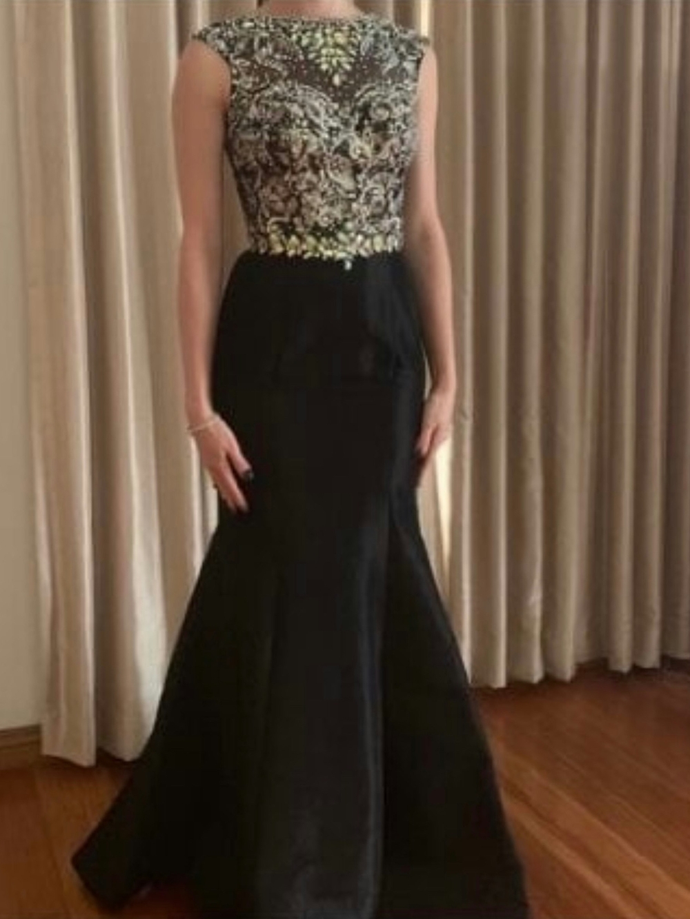 Mac Duggal Black Gown with Gold Embellished Bodice